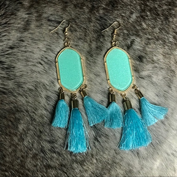 Tayzani Jewelry - 18K Aqua & Gold Druzy Stone Fringe Dangle Earrings